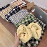 Lamb Velvet Fleece Lined Plaid Wide Leg Pants for Women