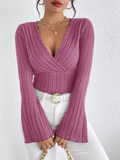 2024 Women’s V-Neck Solid Color Long Sleeve Knitted T-Shirt