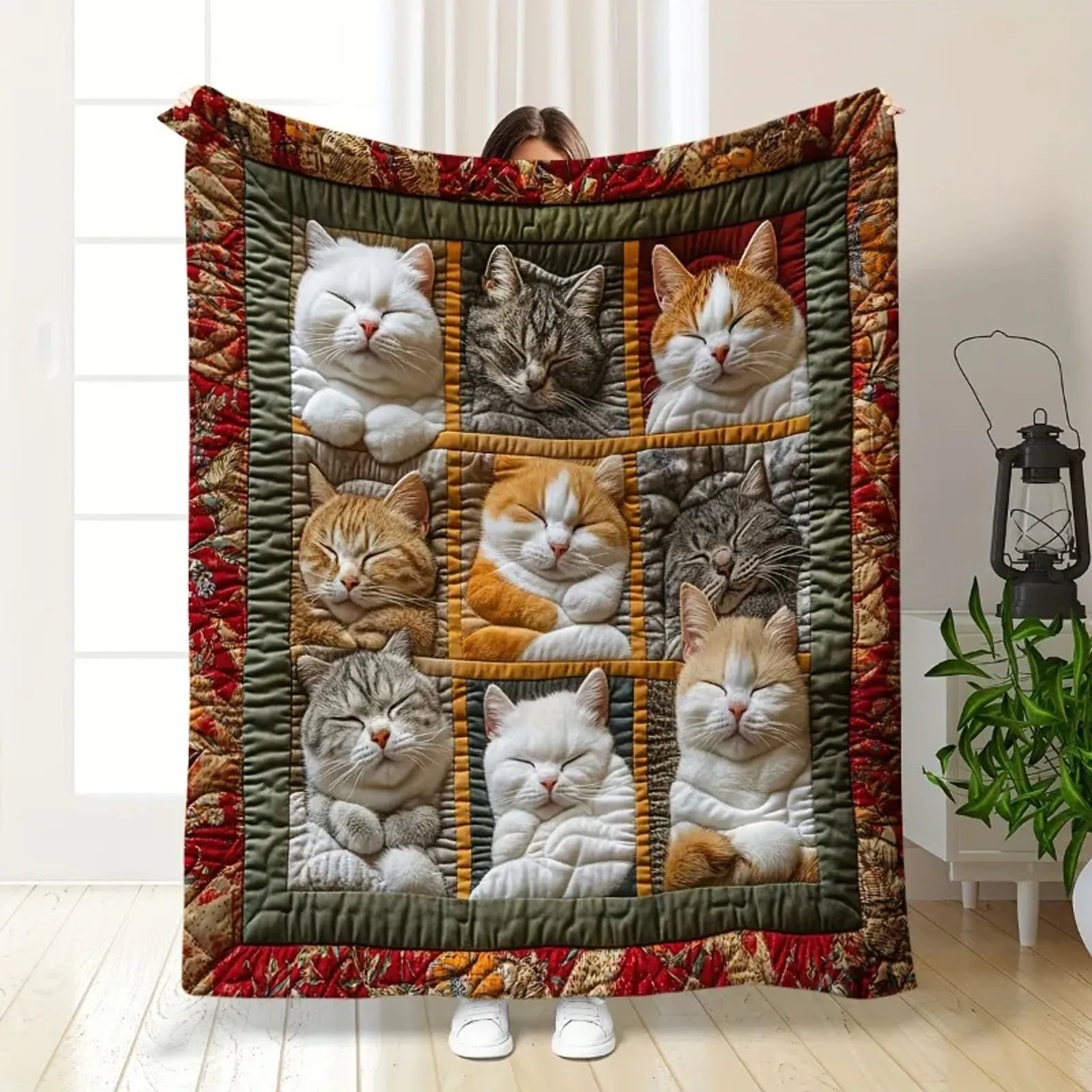 Bohemian Cat-Themed Flannel Blanket