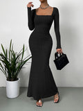 Women's Retro Long-Sleeved Square Neck Knitted Dress