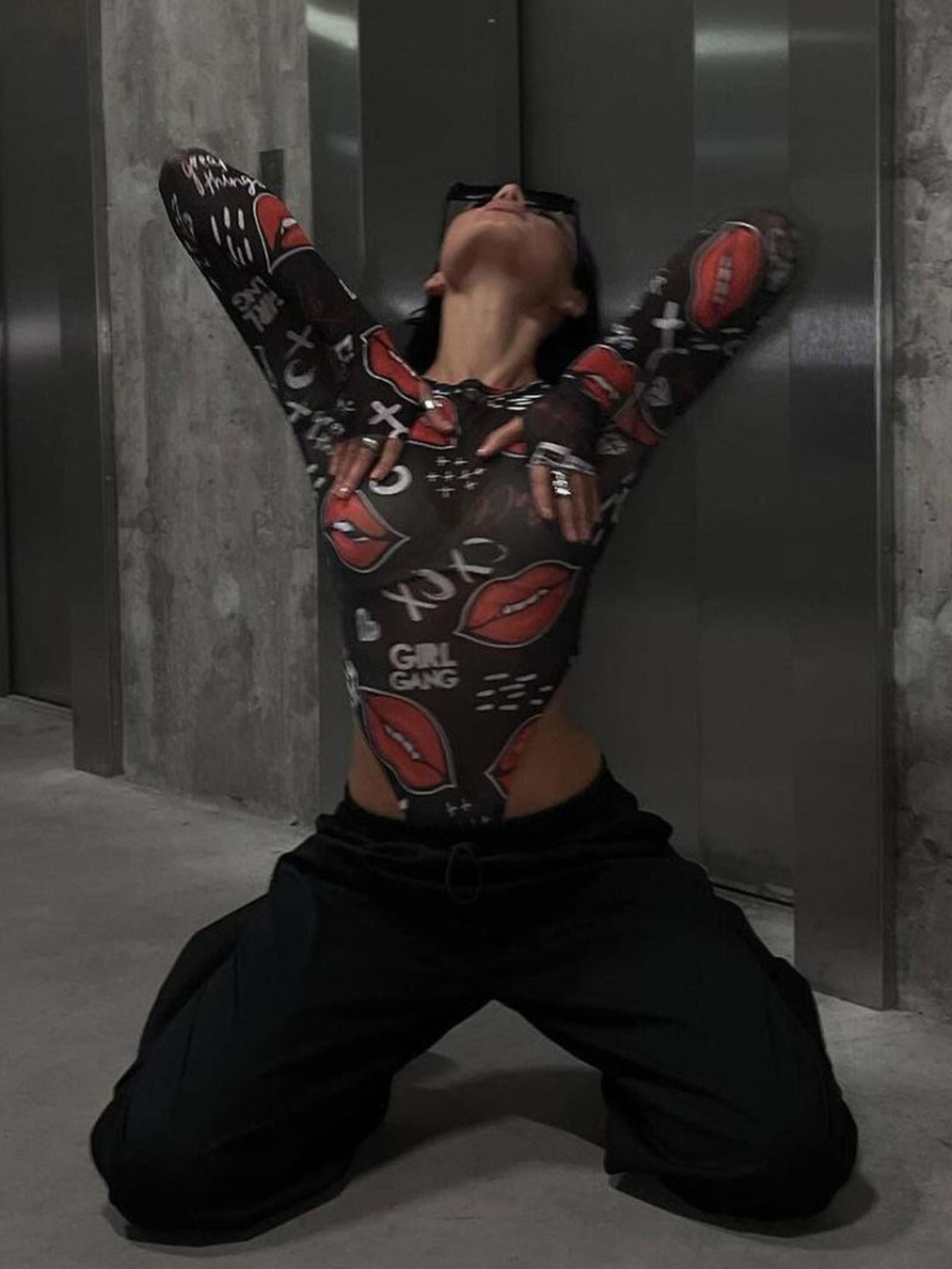 Gothic Printed Long Sleeve Bodysuit Jumpsuit for Women