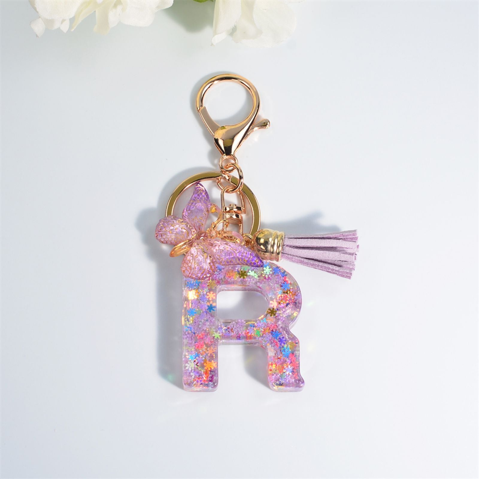 Dreamy Sequin Initial Keychain with Butterfly Pendant
