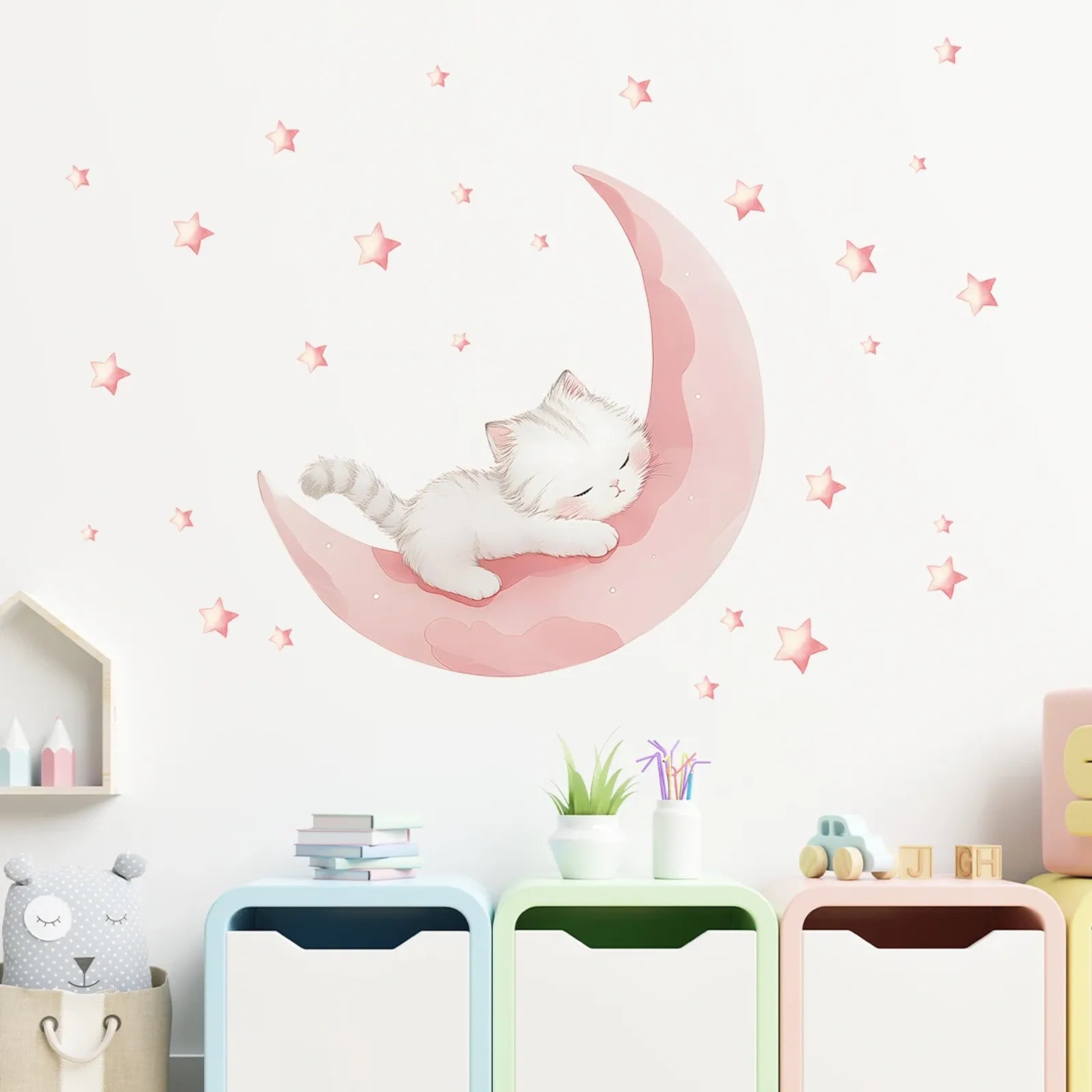 Cute Cat Pink Moon Wall Stickers for Kids' Rooms