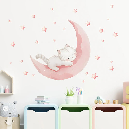 Cute Cat Pink Moon Wall Stickers for Kids' Rooms