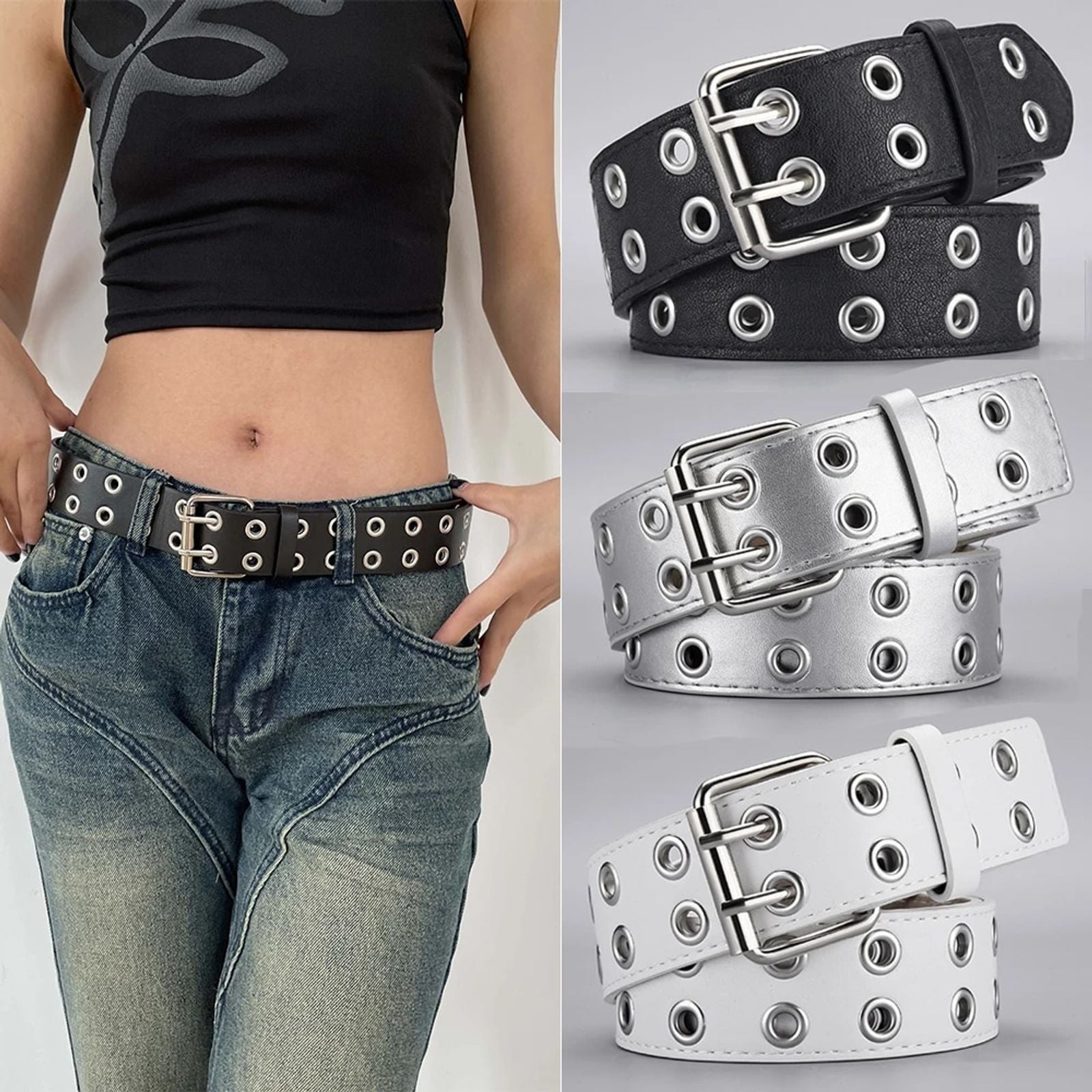 Women's Simple Double Hole Punk Belt for Men and Women