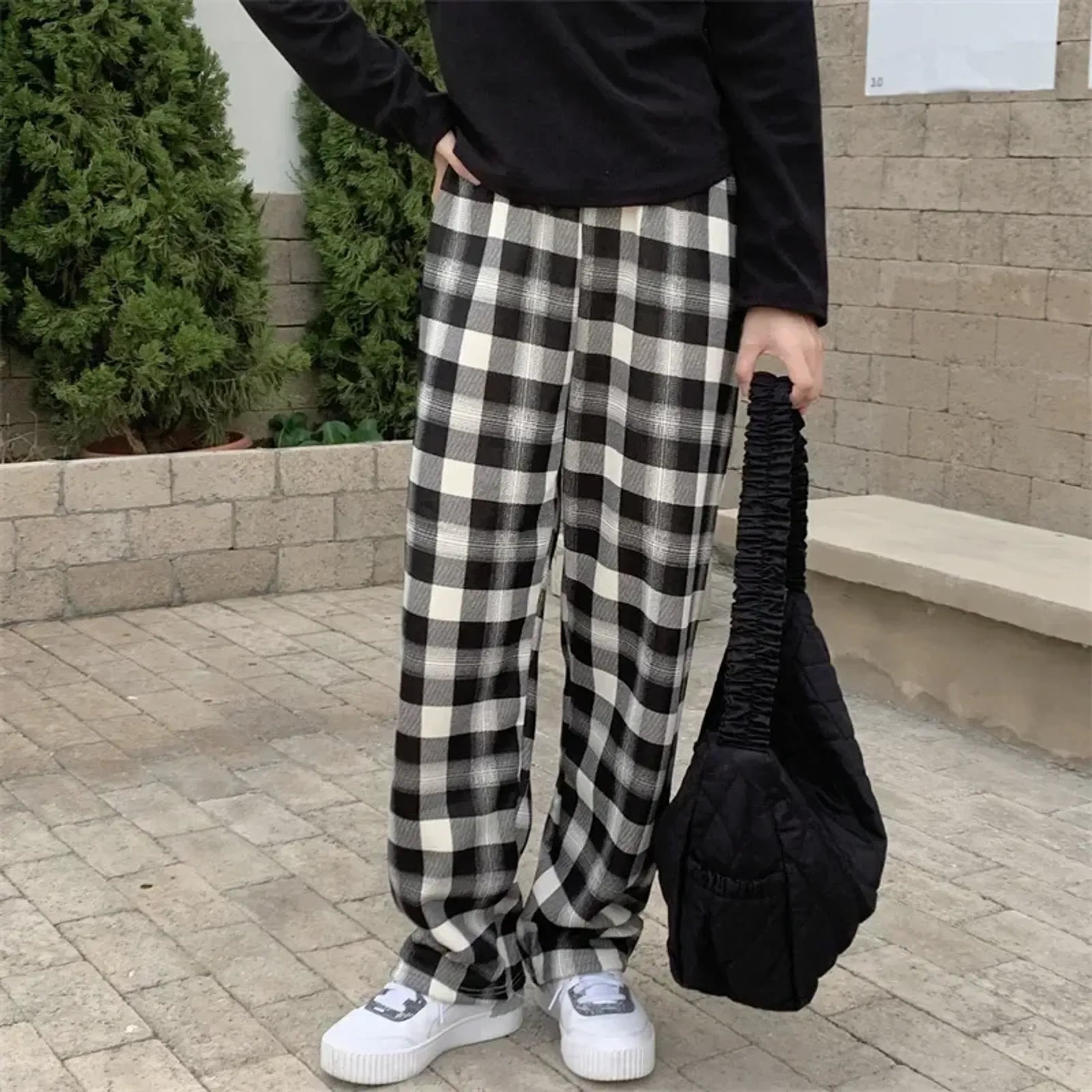Winter Plaid Wide Leg Pants for Women
