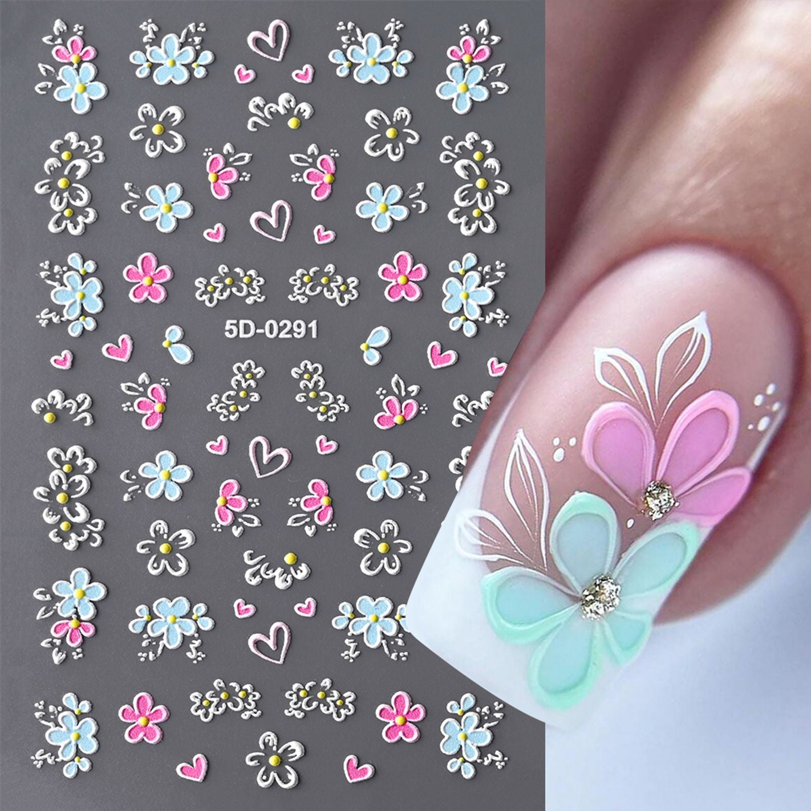 2Pcs 5D Embossed Colorful Flower Nail Stickers