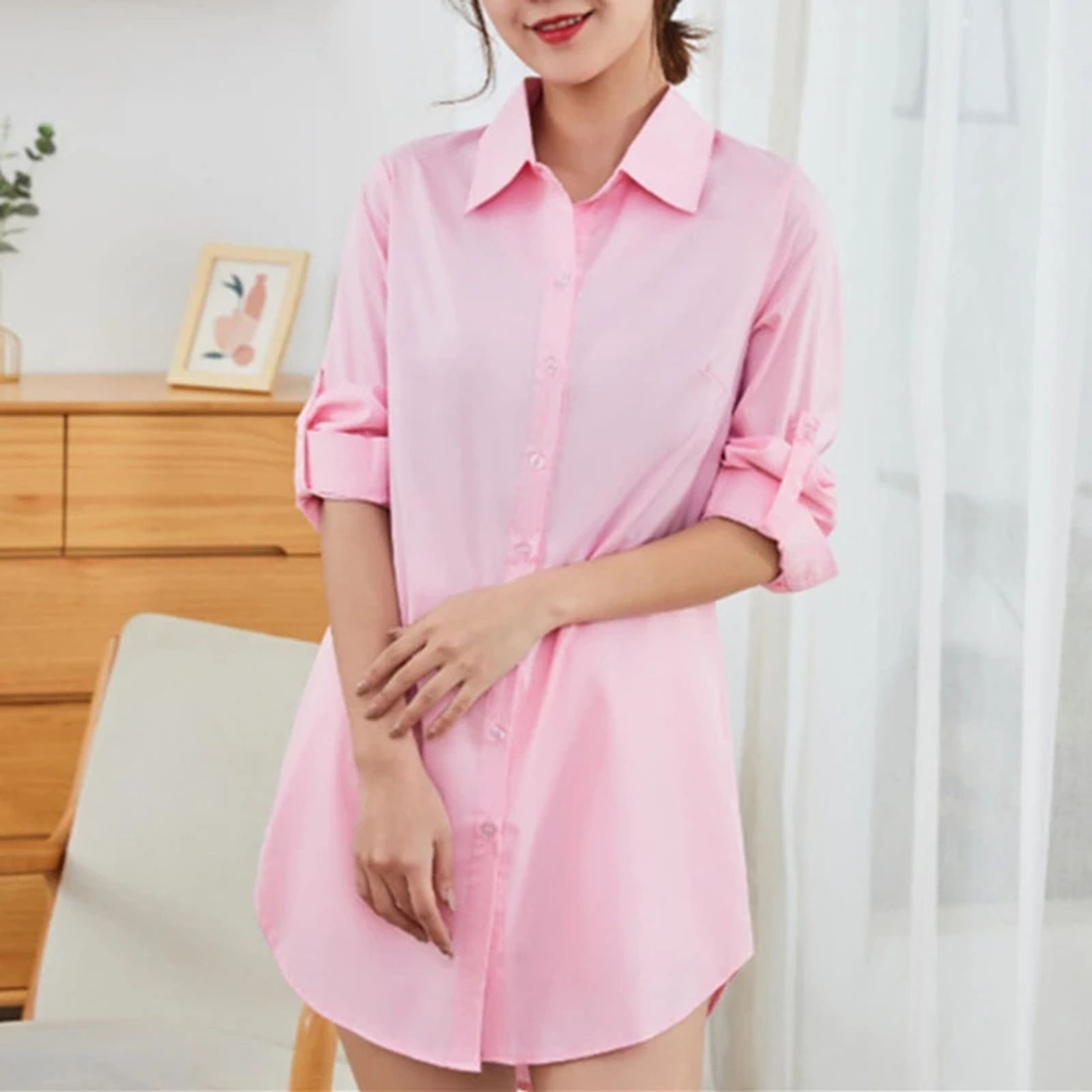 Women's Long Sleeve White and Pink Oversized Blouse