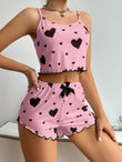 Womens 2PCS Heart Print Pajama Set - Sleeveless Crop Top & Shorts