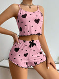 Womens 2PCS Heart Print Pajama Set - Sleeveless Crop Top & Shorts