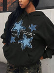 Retro Blue Star Printed Women's Casual Hoodie