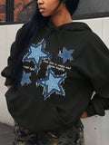 Retro Blue Star Printed Women's Casual Hoodie