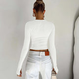 Womens Long Sleeve Crew Neck Crop Top with Thumb Holes