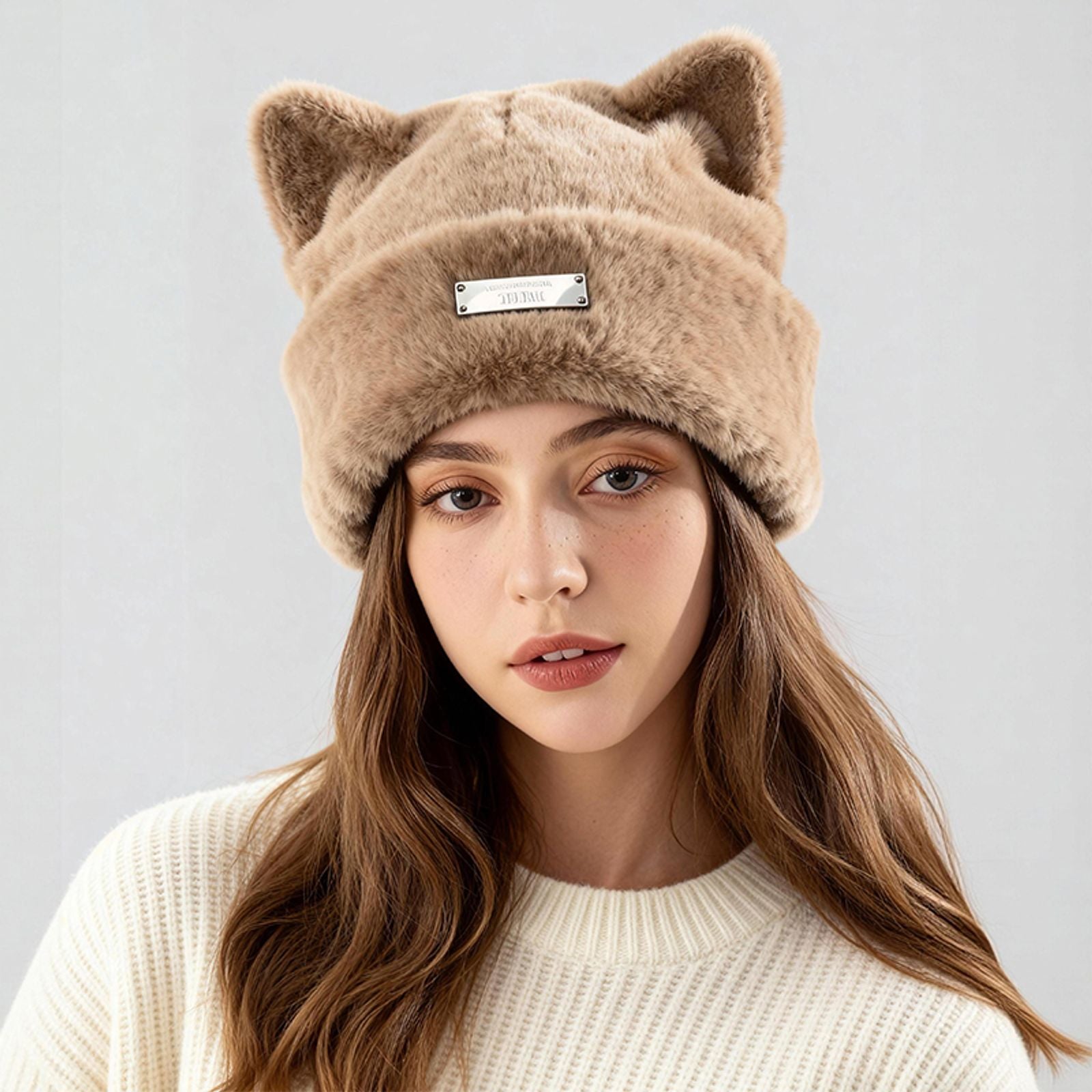 Iron Label Cute Plush Beanie Hat with Ears for Women