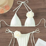 Sexy 3D Flowers Halter Strappy Bikini Set