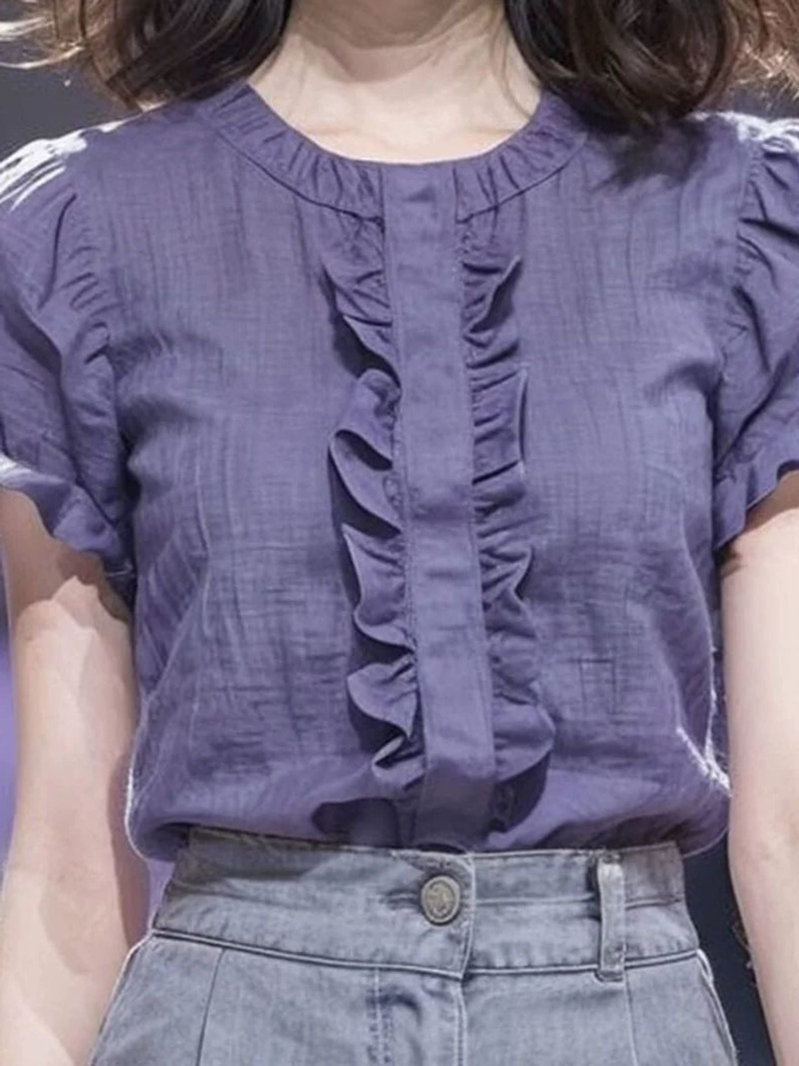 Purple Trim Short Sleeve Linen Shirt for Women