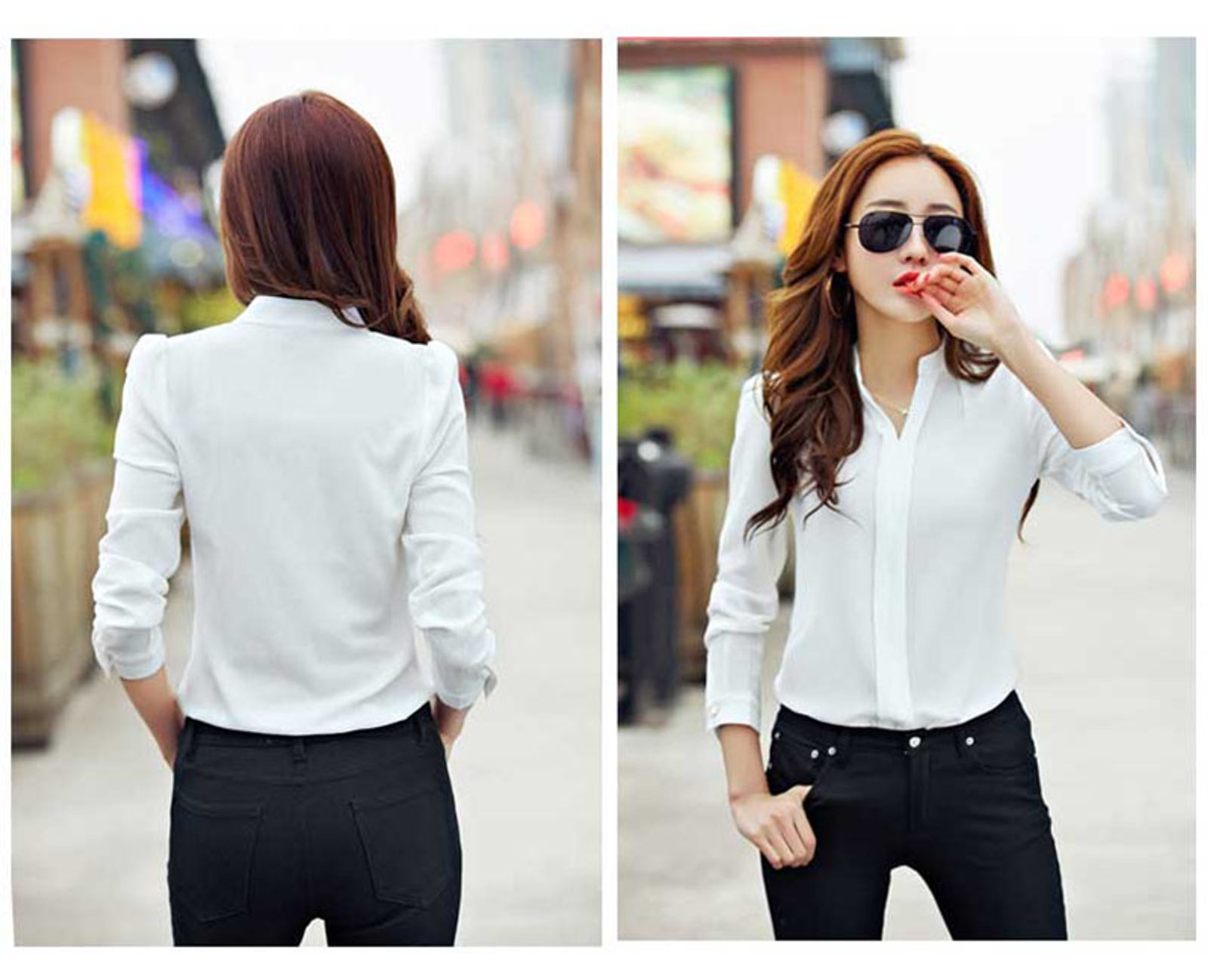 Women's Long Sleeve Chiffon Blouse - Elegant V Neck Shirt
