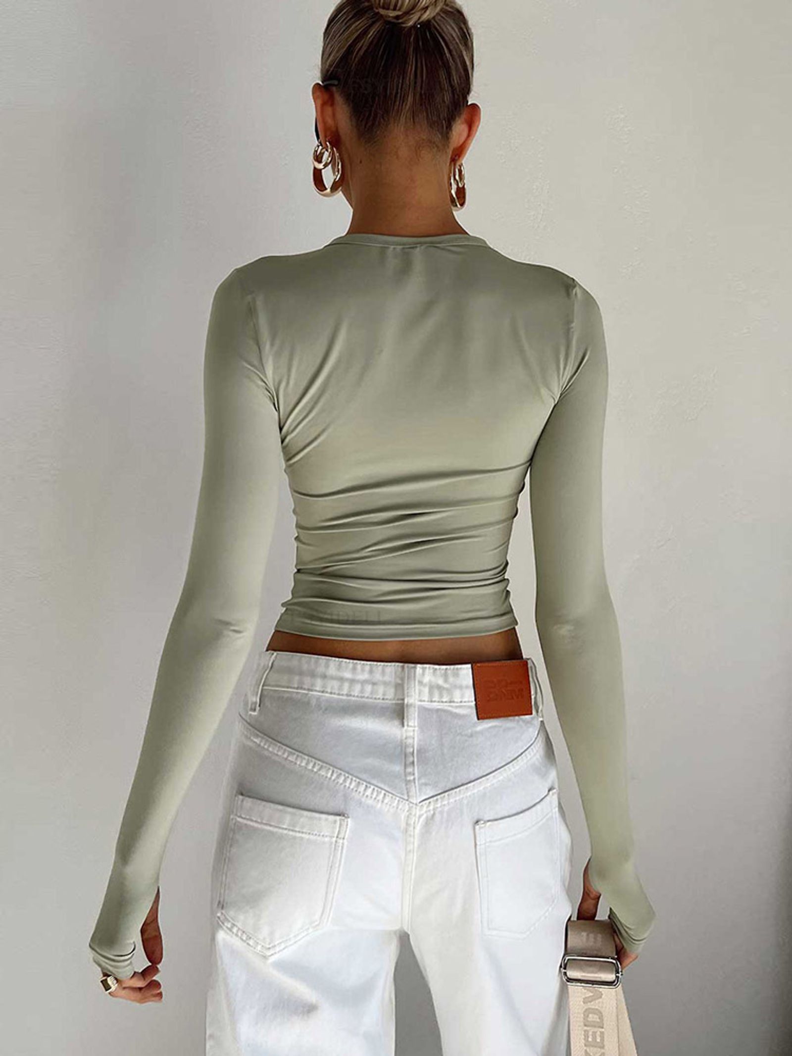 Womens Long Sleeve Crew Neck Crop Top with Thumb Holes