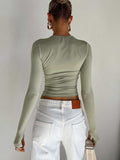 Womens Long Sleeve Crew Neck Crop Top with Thumb Holes