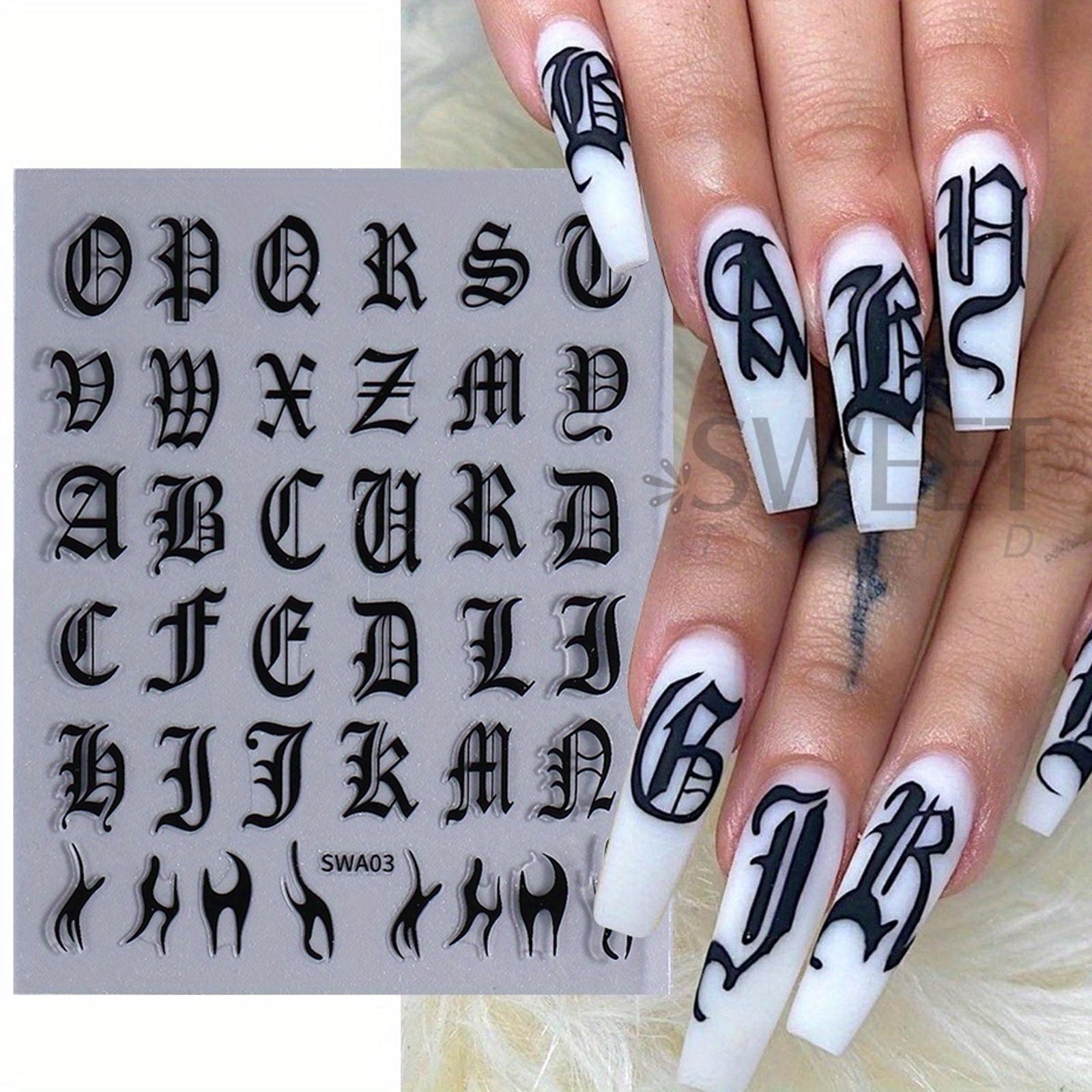 Gothic Letter Nail Stickers - 2 Pcs Black & White