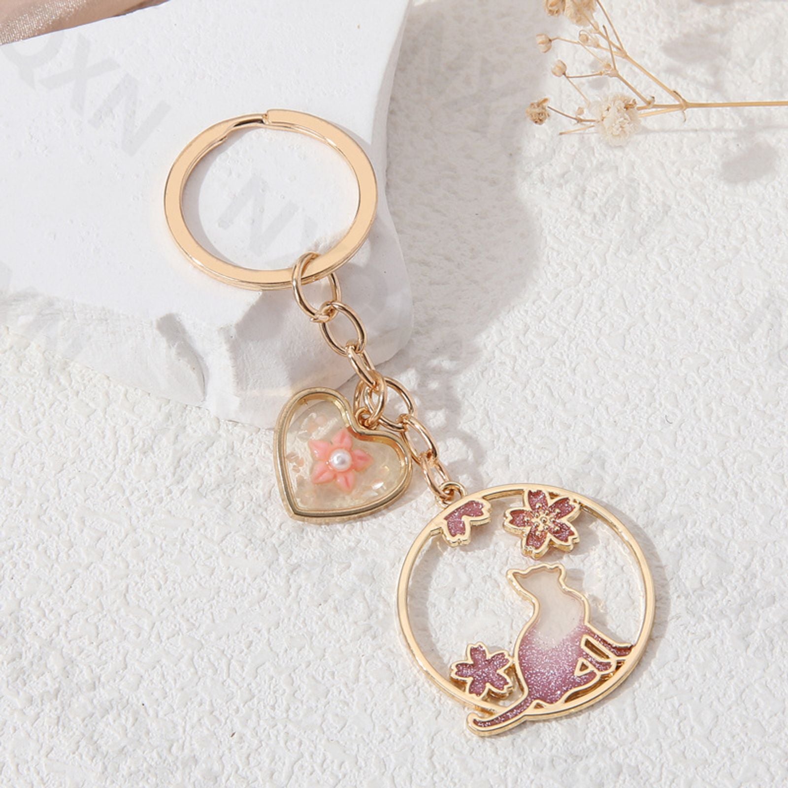 Cherry Blossom Cat Keychain - Handmade Friendship Gift