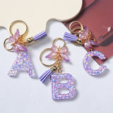 A-Z Sequins Initial Letter Keychain with Purple Butterfly Tassel