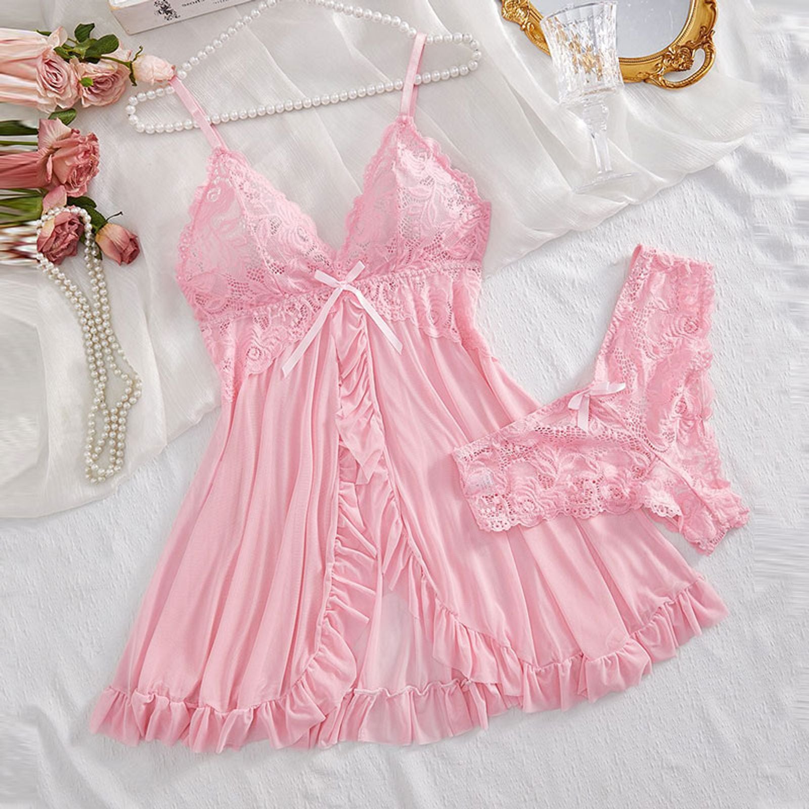 Sexy Lace and Mesh Ruffle Babydoll Dress