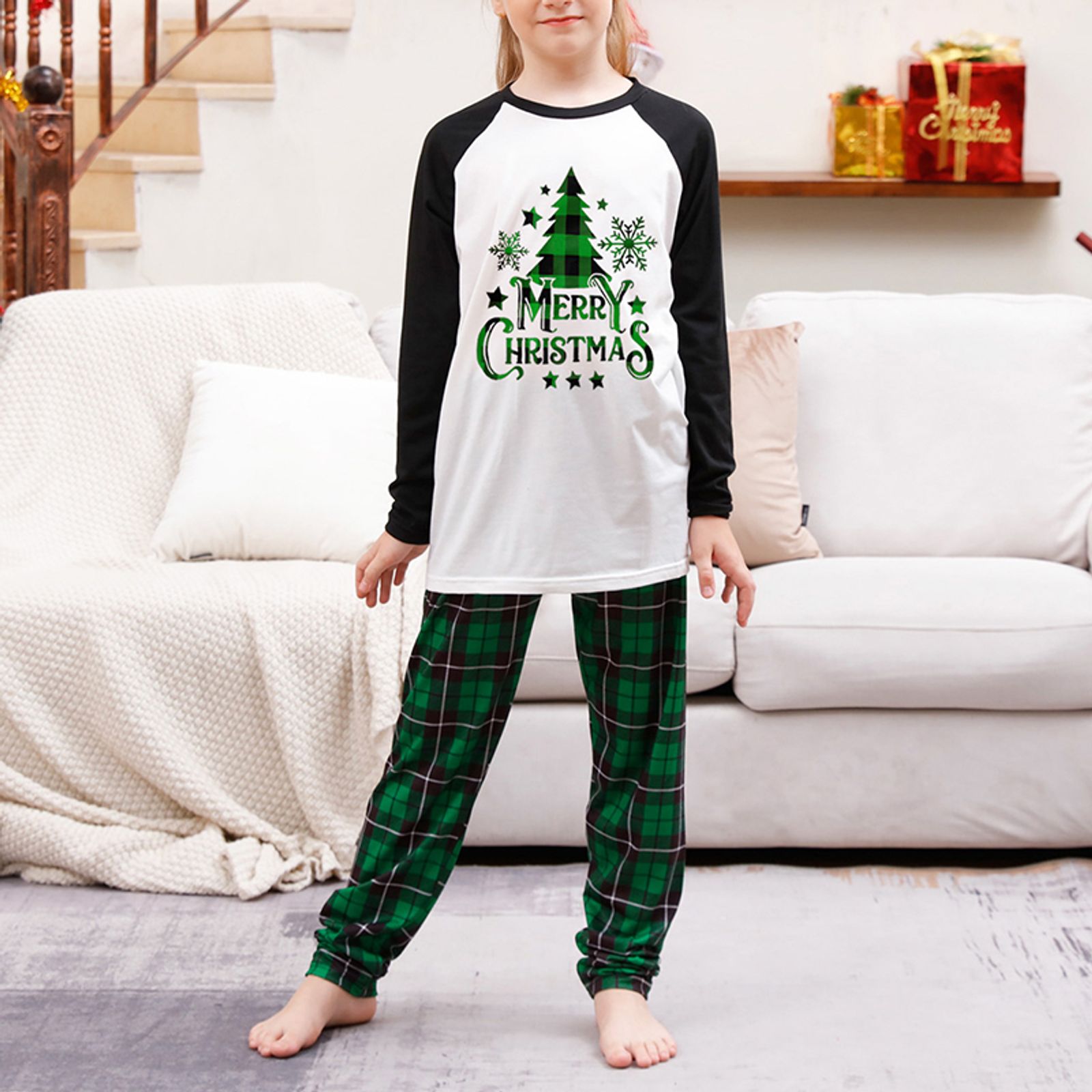 Matching Christmas Family Pajamas Set with Green Plaid Pants