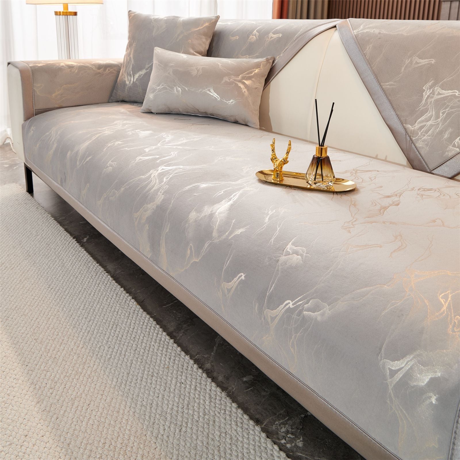 Marble Lines Velvet Sofa Cover for L-Shape Couch