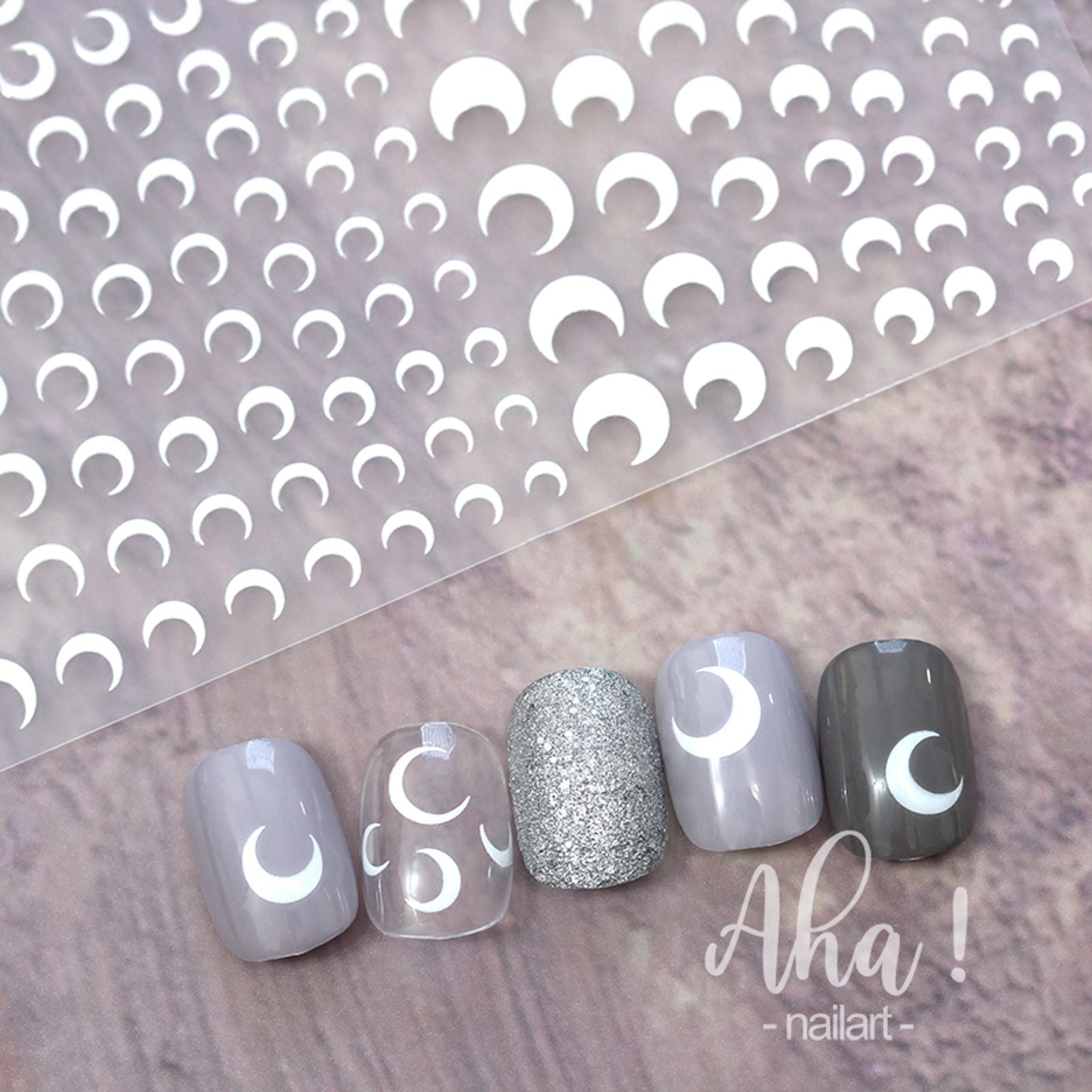 3D Crescent Moon Nail Stickers - White, Black, Gold, Silver