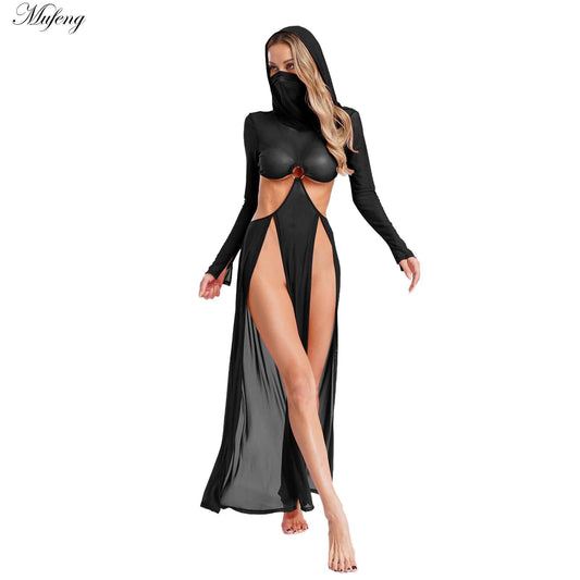 Women's Sexy Hooded Maxi Dress with High Slit