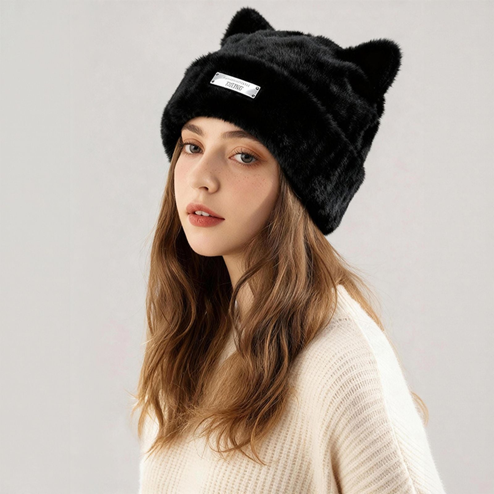 Iron Label Cute Plush Beanie Hat with Ears for Women