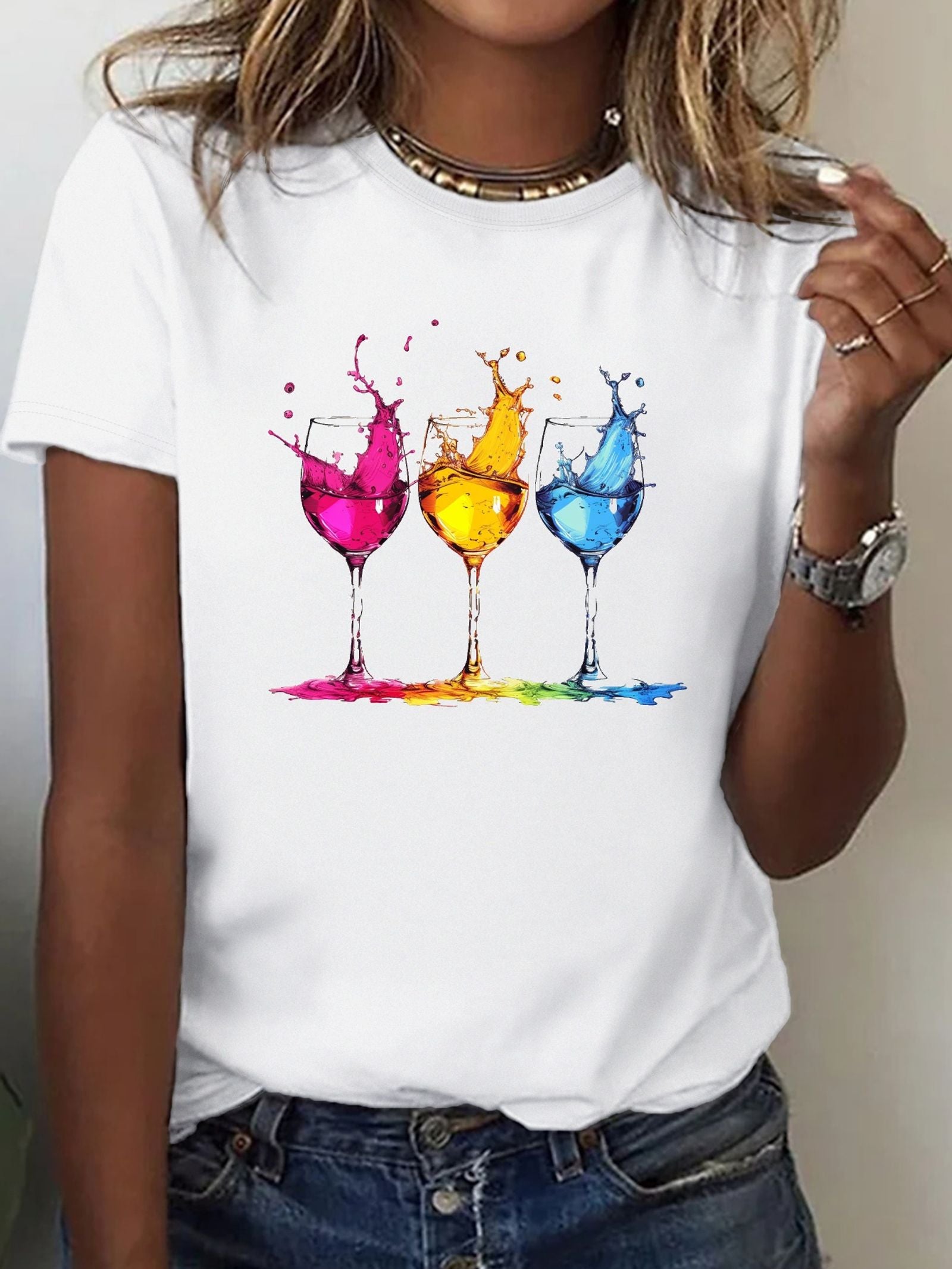 Wine Glass Print Crew Neck T-shirt for Women