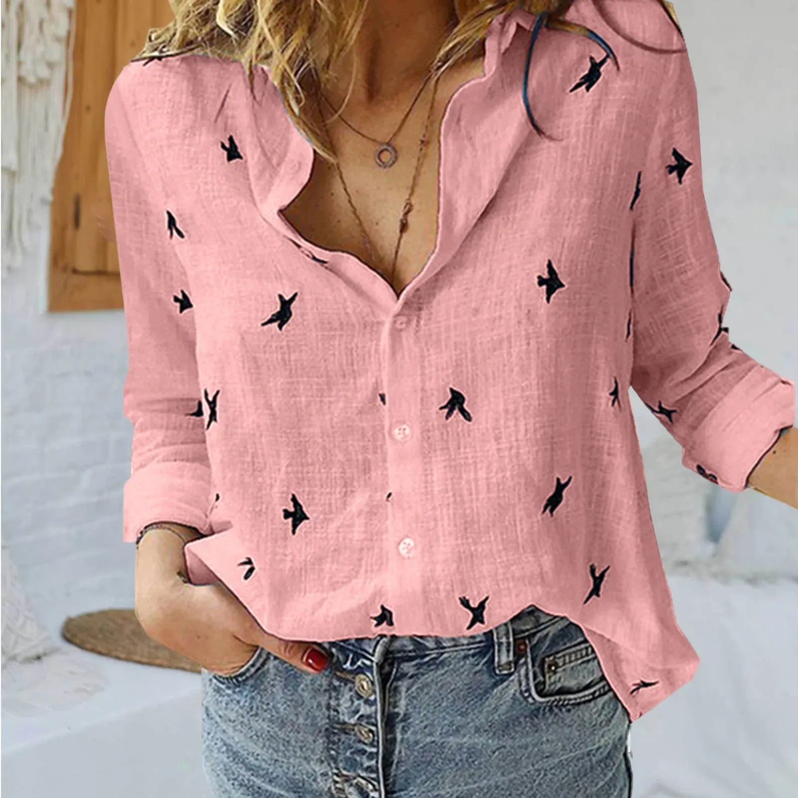 Korean Fashion Blue and Pink Women's Lapel Shirt