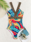 Sexy Print Strapped One Piece Swimsuit for Women