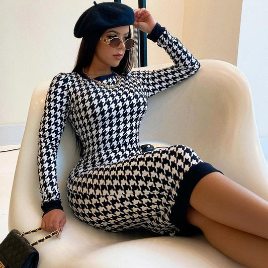 Houndstooth Print Long Sleeve Midi Dress for Women