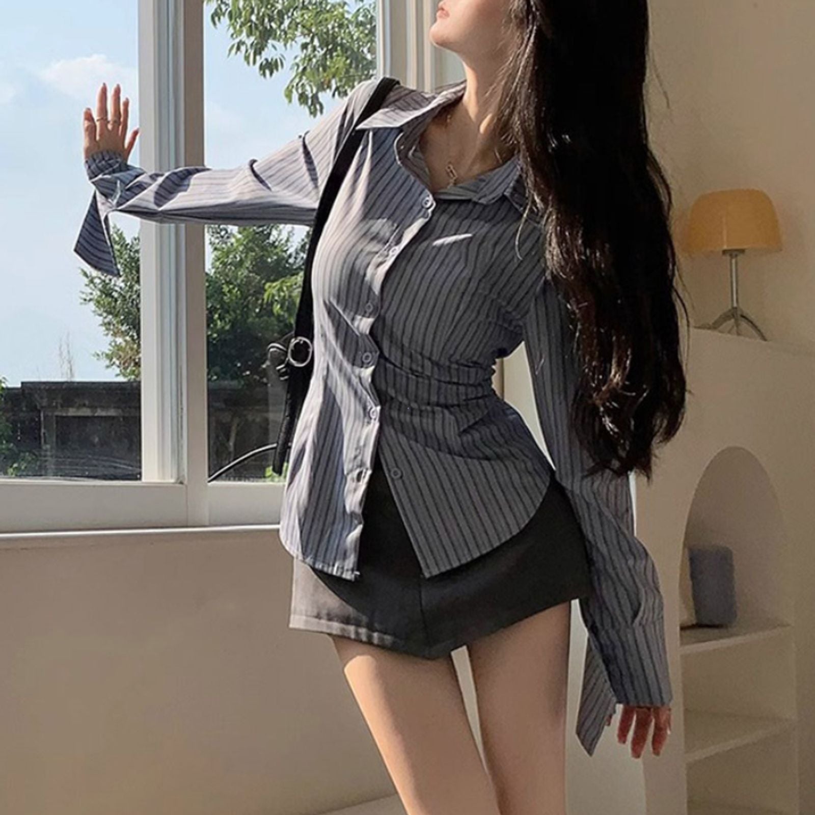 Korean Blue Striped Long Sleeve Shirt Jacket for Women