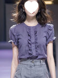 Purple Trim Short Sleeve Linen Shirt for Women