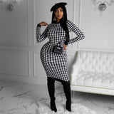 Houndstooth Print Long Sleeve Midi Dress for Women