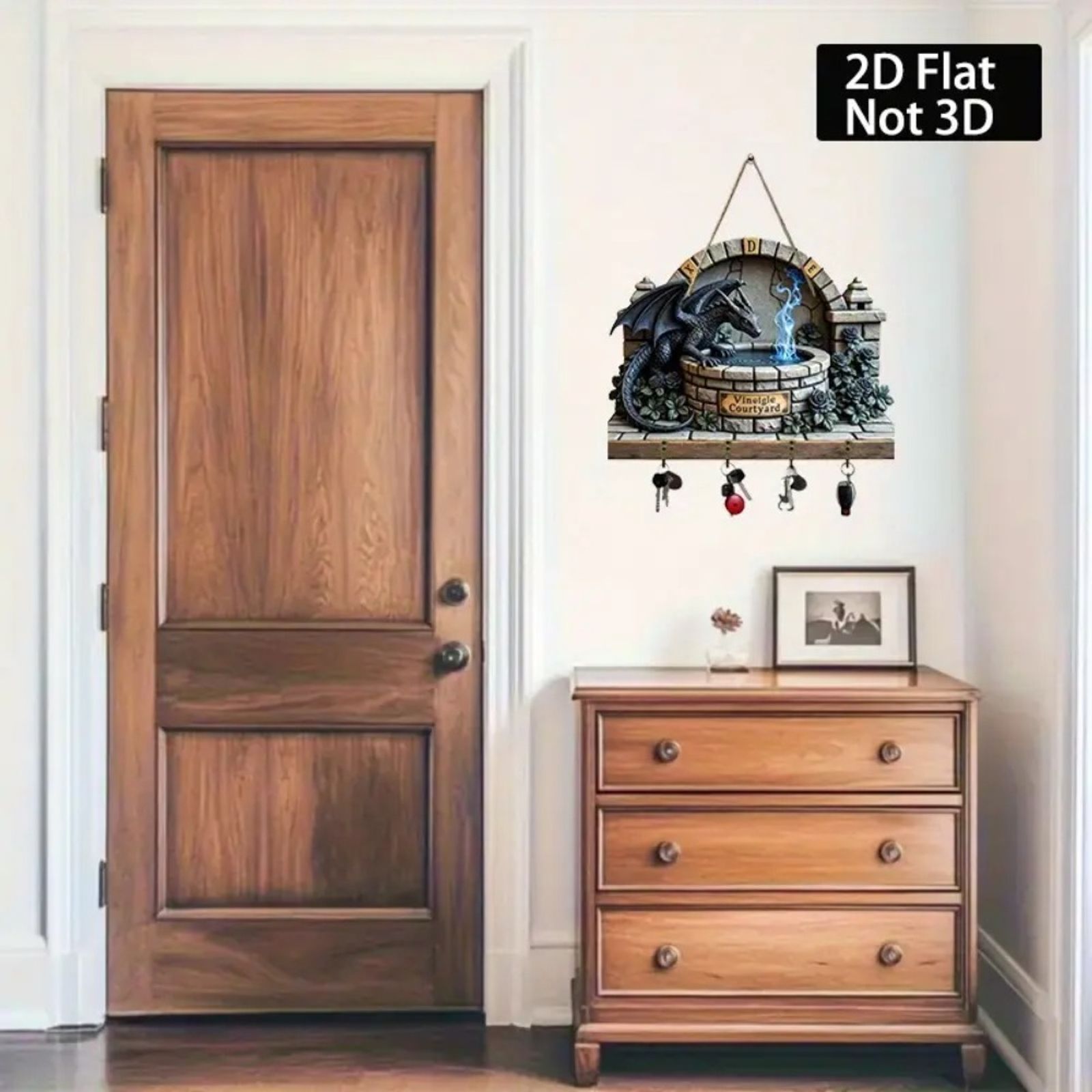 2D Dragon Pattern Wooden Key Holder with Metal Hooks