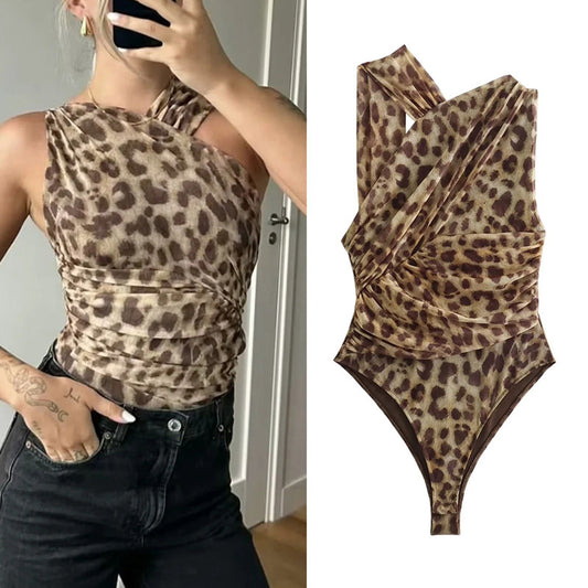 Leopard Print Mesh Sleeveless Bodysuit for Women