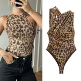 Leopard Print Mesh Sleeveless Bodysuit for Women