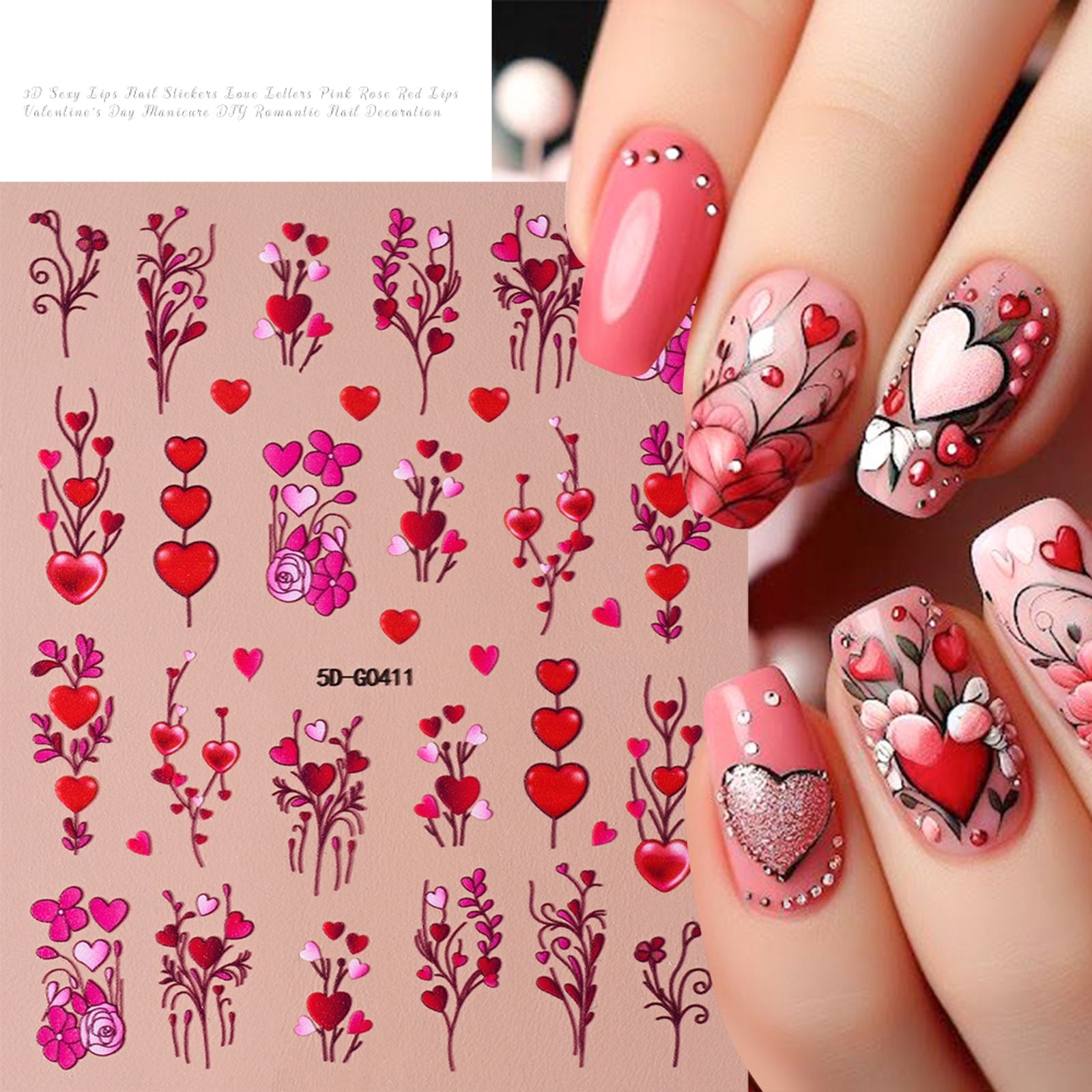 5D Embossed Red and Pink Lips Nail Stickers