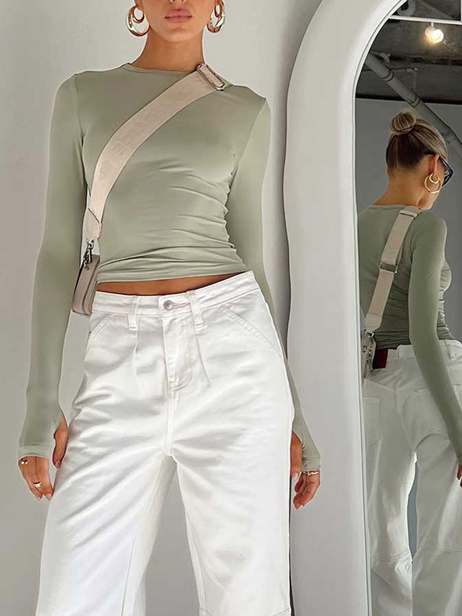 Womens Long Sleeve Crew Neck Crop Top with Thumb Holes