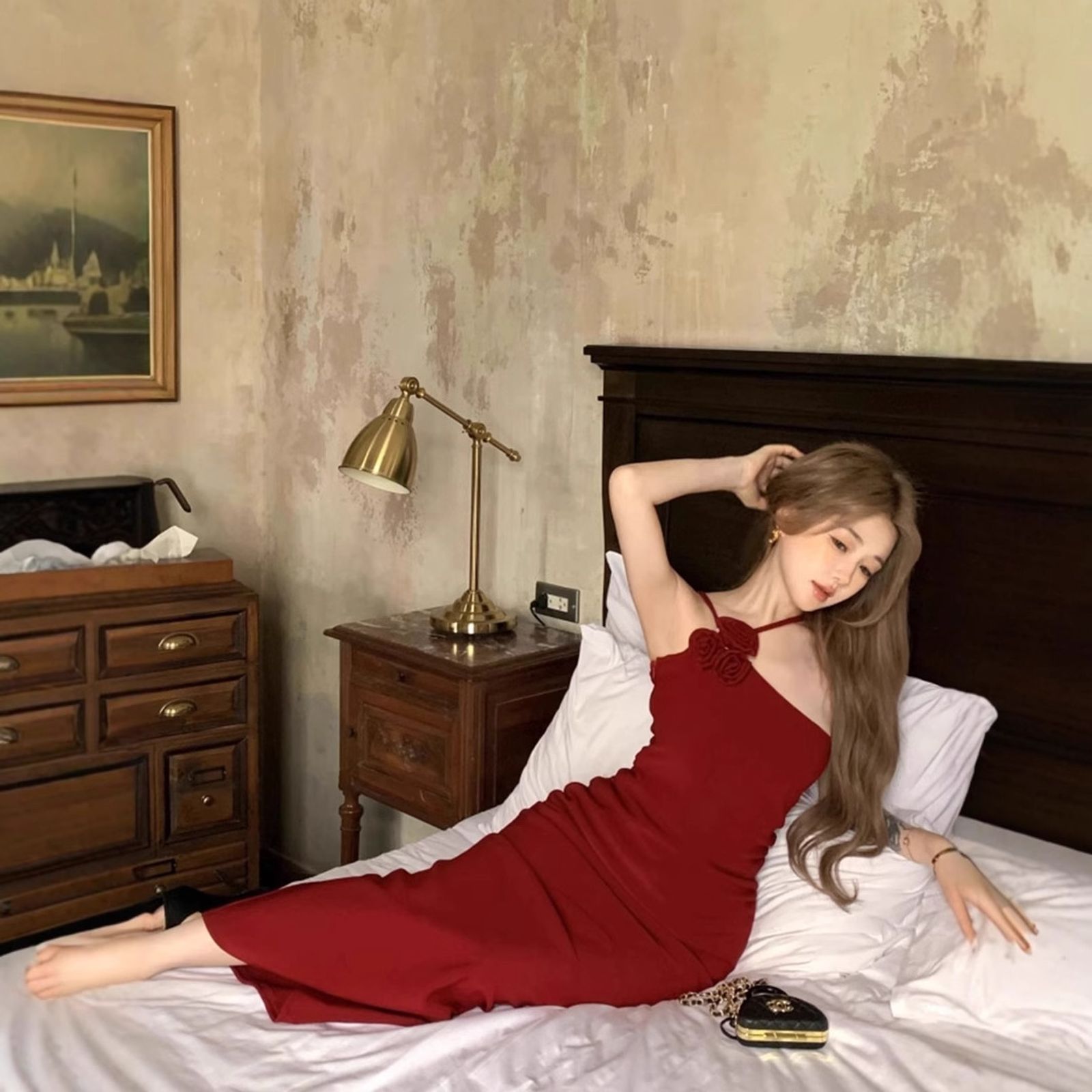 Red Flower Print Sexy Strap Dress