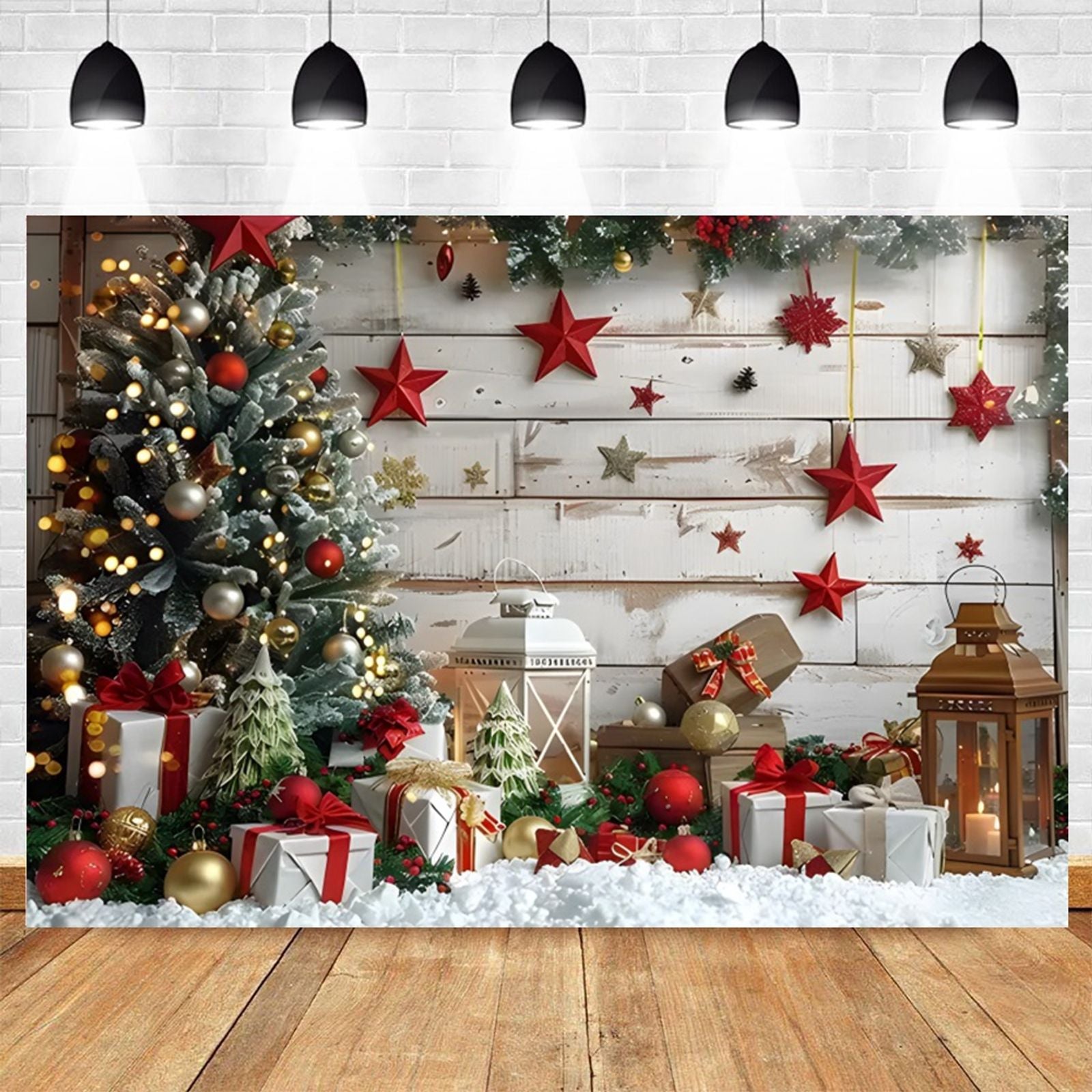 Merry Christmas Photography Backdrop with Wreath and Ornaments