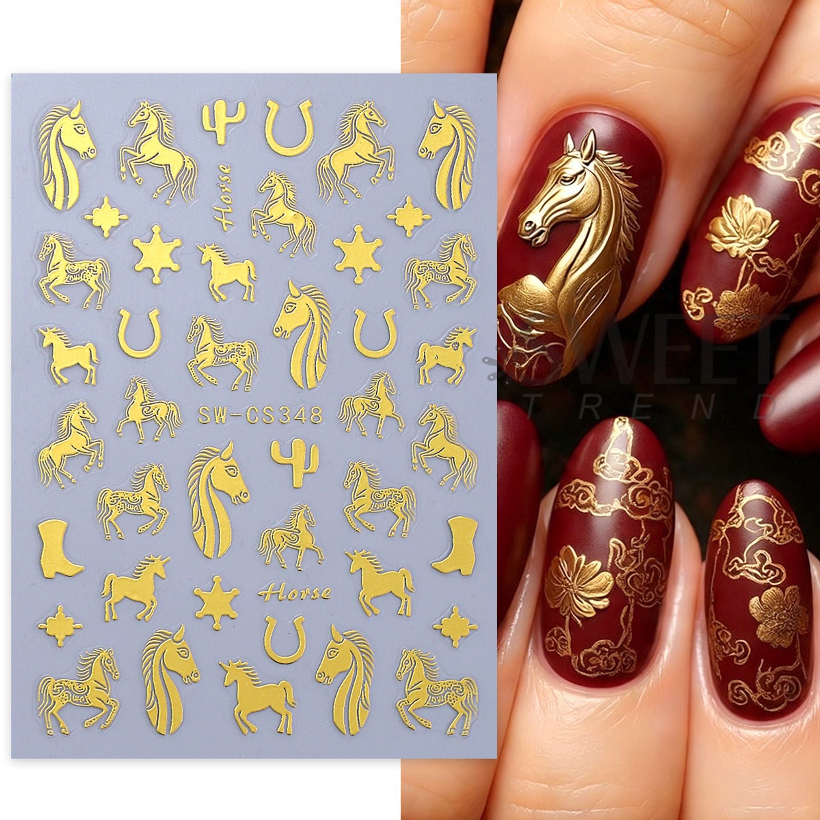 2pcs Bronzing Horse Nail Stickers with Cactus Design