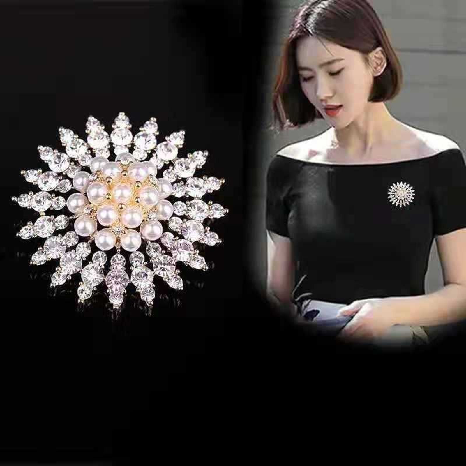 Large Rhinestone Pearl Snowflake Brooch for Women