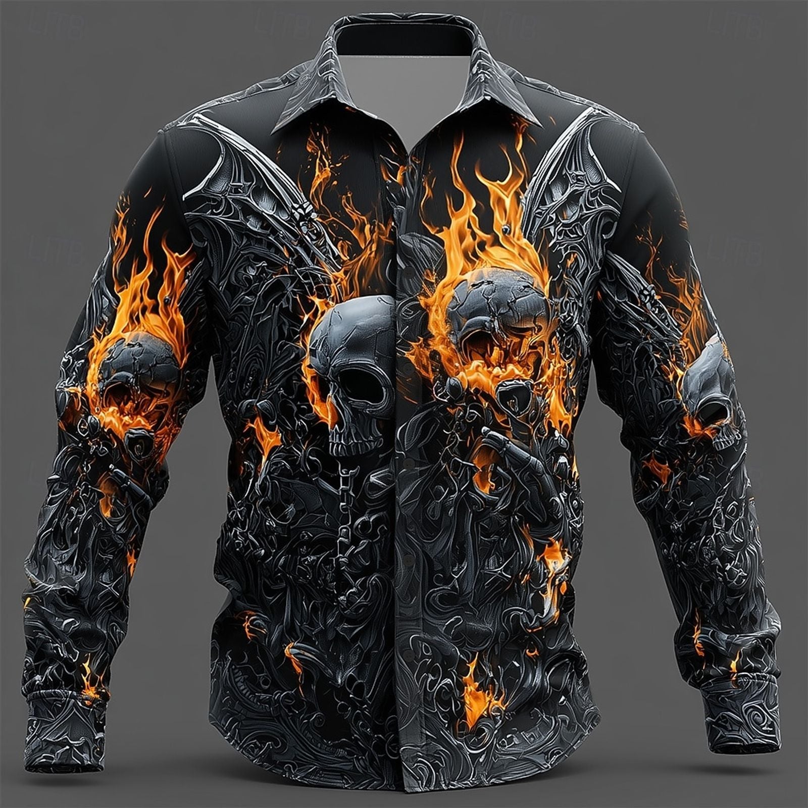 Men's Skull Flame Button-Up Shirt - Gothic Style