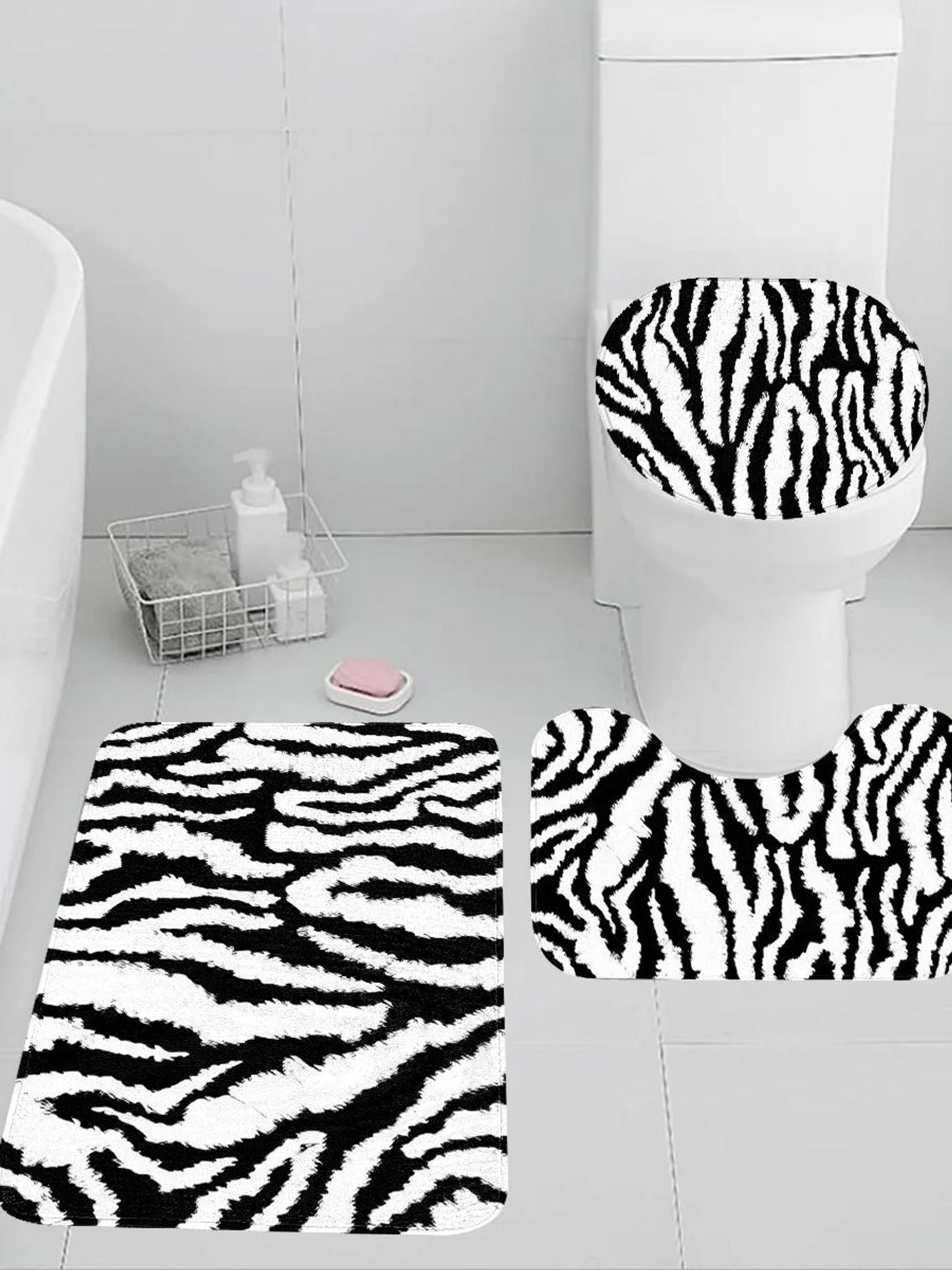 Zebra Print Bath Mat - Plush Non-Slip Toilet & U-Shaped Mat